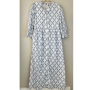 BEAU & RO Charleston Blue and White Jane Maxi Dress in Pleated Ruffle Collar